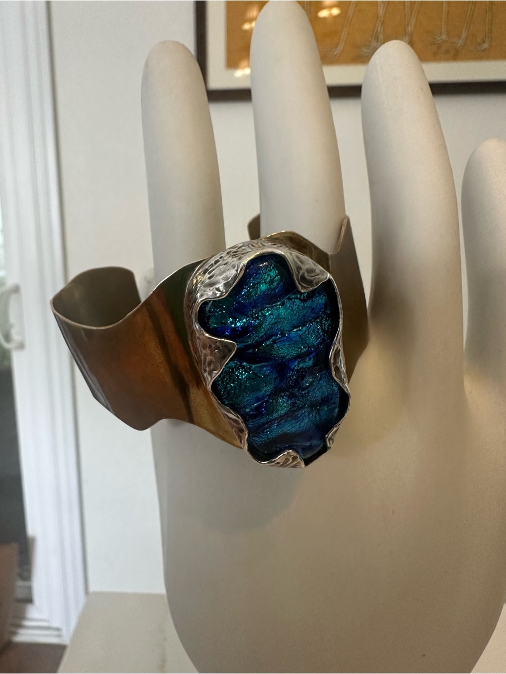 Dichroic Blue-Green Glass sterling silver bezel , brass Cuff Bracelet